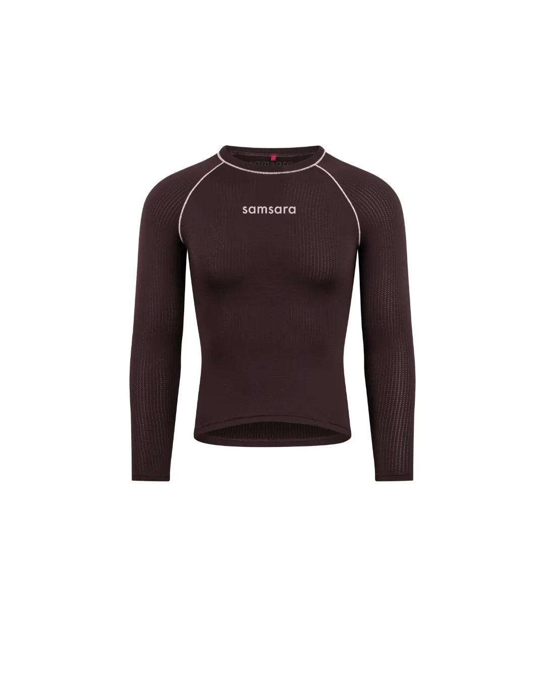 A dark brown long-sleeve athletic top with white contrast stitching and the 'samsara' brand name printed in white on the chest, shown against a plain white background.