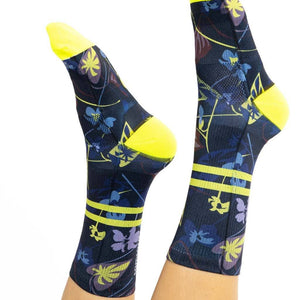 Side view of women’s cycling socks with Winter Floral print, yellow ankle stripes, and toes.